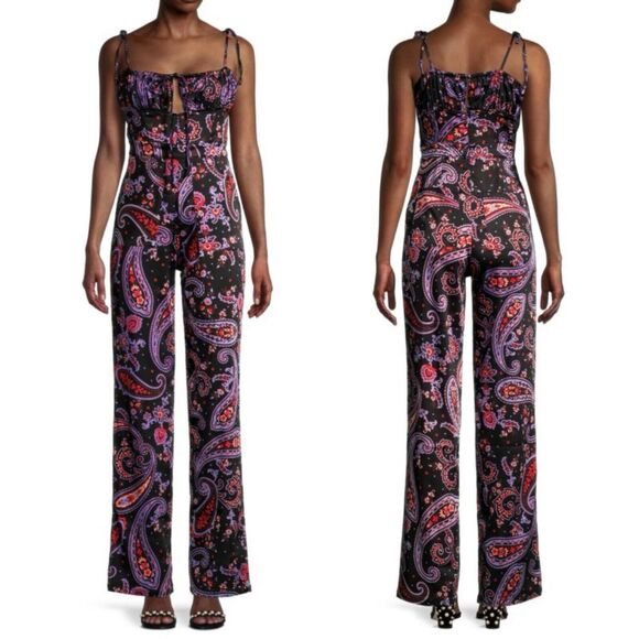 NWT Danielle Bernstein WeWoreWhat Black Paisley Pull-on Jumpsuit Jumper Size 2 - Picture 2 of 12